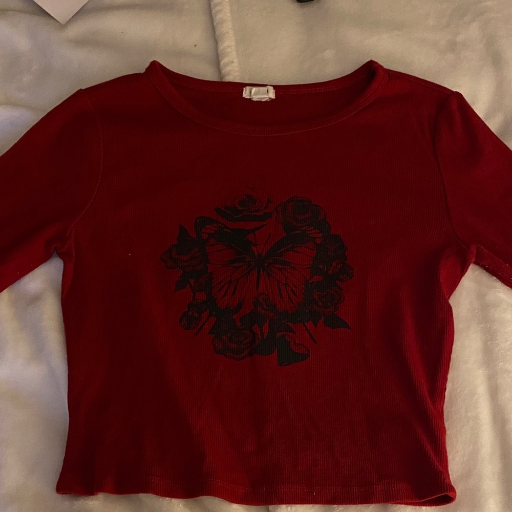 Garage Red Long Sleeve Tee with Butterfly Design